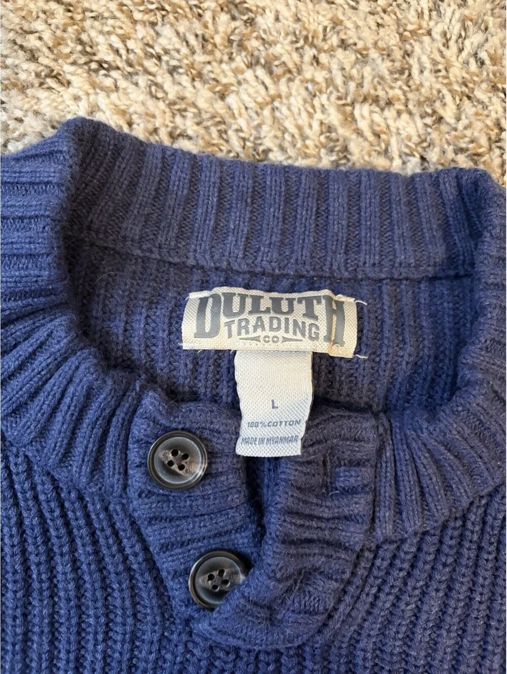 Duluth Trading Men’s Size Large Blue Knit Fisherman Sweater Cotton Henley Button